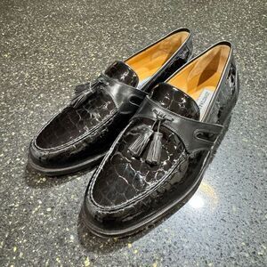 Johnston & Murphy Black Leather Croc Embossed Tassel Loafers. Size 9.5M.